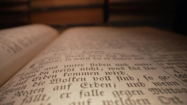 Exploring sacred christians heritage scriptures on german. Details of the Holy Bible. Tradition and wisdom, macro footage. Letters and symbols.