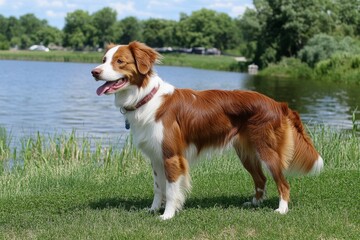 Fototapeta premium The miniature Australian Shepherd dog is standing with a red-tri color coat