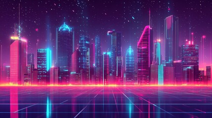 Fototapeta premium Futuristic Cityscape with Neon Lights and Stars