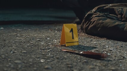 Detective and forensic scientists working hard at crime scene near headless body. Collection and...