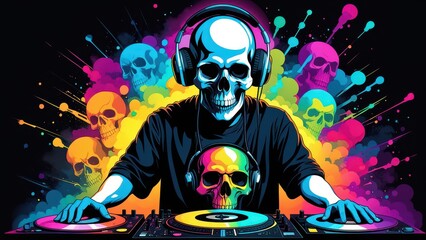 A vibrant, colorful illustration of a DJ with a skull motif, surrounded by abstract designs.