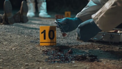 Detective and forensic scientists working hard at crime scene near headless body. Collection and photography of evidence, measurements, examination of the victim's body. Night scene.