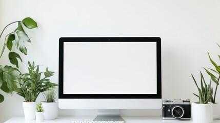 Minimalist Workspace with Computer, Plants, and Camera