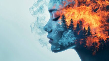 A double exposure of a woman's face and forest with fiery flames