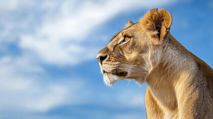 Lioness in profile against the blue sky, close-up