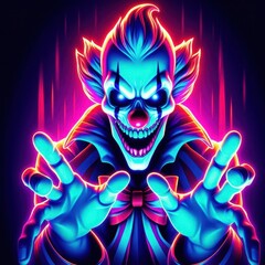 A vibrant, eerie clown with glowing features, exuding a spooky atmosphere.