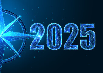 2025 vision New Year concept banner. Glowing 2025 digits and compass symbol on dark blue background.