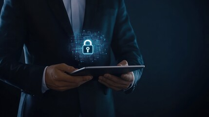 Businessman Holding a Tablet with a Digital Lock Icon