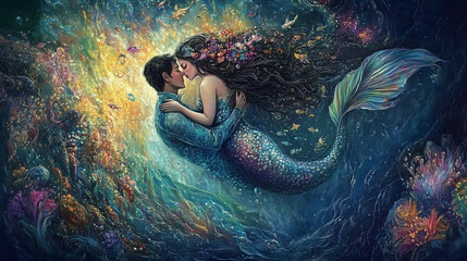 Mermaid and man embracing underwater in colorful ocean scene