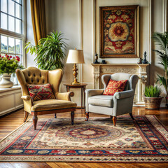 a living room with a vintage armchair and a persia