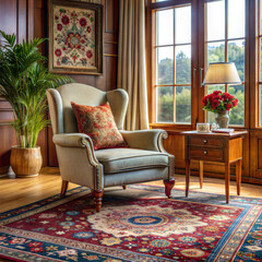 a living room with a vintage armchair and a persia