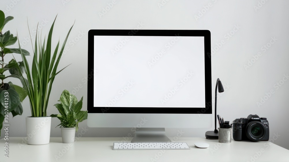 Poster modern workspace with blank computer screen