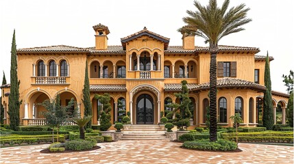 Mediterranean-style mansion with manicured landscaping and a palm tree in the front yard
