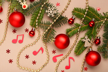 Composition with fir branches, beautiful Christmas decorations and note signs on color background