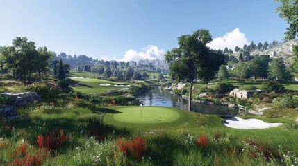 green golf course by the lake, lawns and nature views