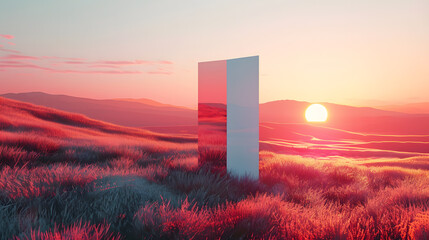 A serene grassland is bathed in pink hues by a tranquil sunset. A futuristic mirror structure stands, reflecting the surreal landscape, creating an ethereal and artistic ambiance