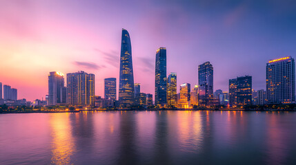 Naklejka premium A Panoramic View of a City Skyline at Dusk with Golden Skyscraper Lights Reflecting on the River Under a Pink and Blue Sky