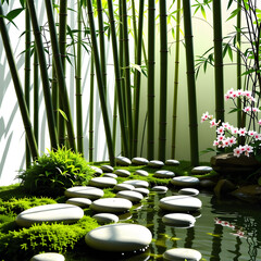 A quiet, zen-inspired corner with smooth river stones and bamboo for relaxation and balance.