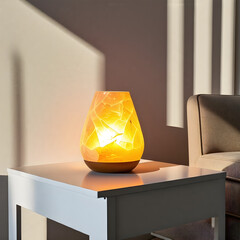 A glowing salt lamp casting a soft, calming light in a modern, clean space.