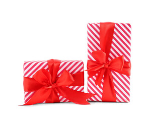 Beautiful red gift boxes for Christmas celebration on white background