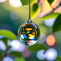 A crystal-clear droplet of water frozen mid-air against a natural, blurred background.
