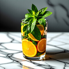 A sleek glass of detox water infused with vibrant, colorful herbs, resting on a marble counter.