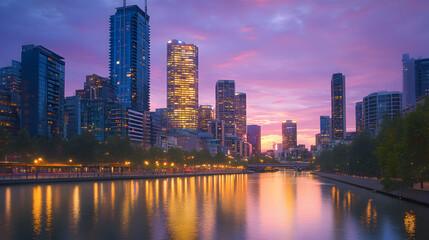 Obraz premium A Panoramic View of a City Skyline at Dusk with Golden Skyscraper Lights Reflecting on the River Under a Pink and Blue Sky