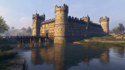 Obraz premium A Majestic Medieval Castle Surrounded by a Calm Moat with Towers and a Wooden Drawbridge in Golden Sunlight