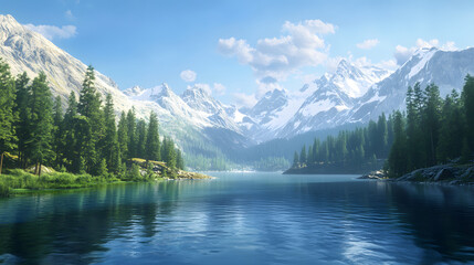 A Serene Mountain Landscape with Snow-Capped Peaks and a Crystal-Clear Blue Lake Reflecting the Sky