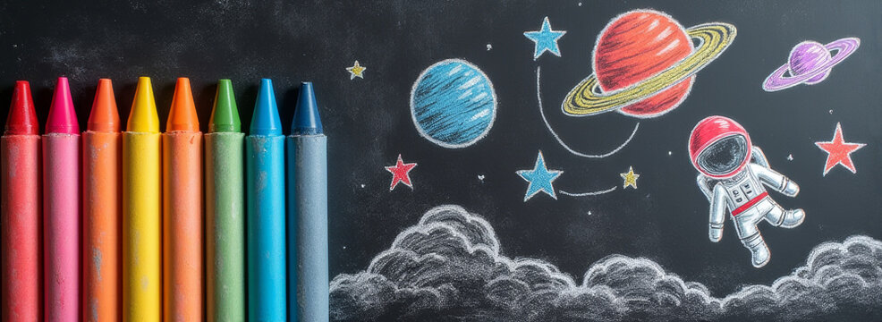 Back to school banner with colorful crayons row with outer space themed colored chalk drawing of planets, stars, astronaut and univrerse on black or dark grey chalkboard background. 