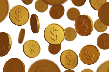 Golden coins with the dollar symbol floating in the air. 3d illustration.