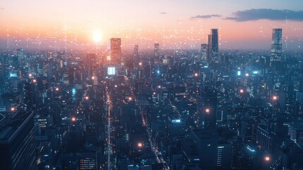 Fototapeta premium Cityscape at Sunset with Connected Network