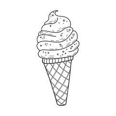 Ice cream in the waffle cone icon in doodle engraved sketch style isolated on white background. Traditional dessert sign. Hand drawn illustration for cafe, bakery, coffee shop, cafe, restaurant menu