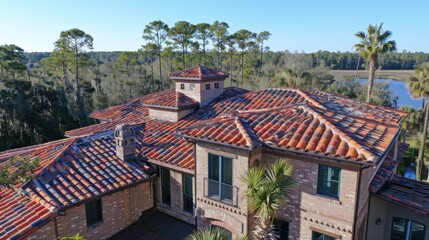 Obraz premium Cleaning tile roofs with high pressure water purifier removing old shingles effectively