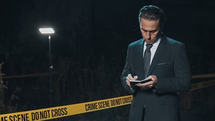Detective inspecting area and taking notes in notebook at crime scene at night as forensic experts...