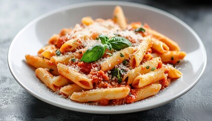 Delicious Pasta With Tomato Sauce, Basil, And Cheese Served On Gray Textured Table In A Flat Lay Presentation.