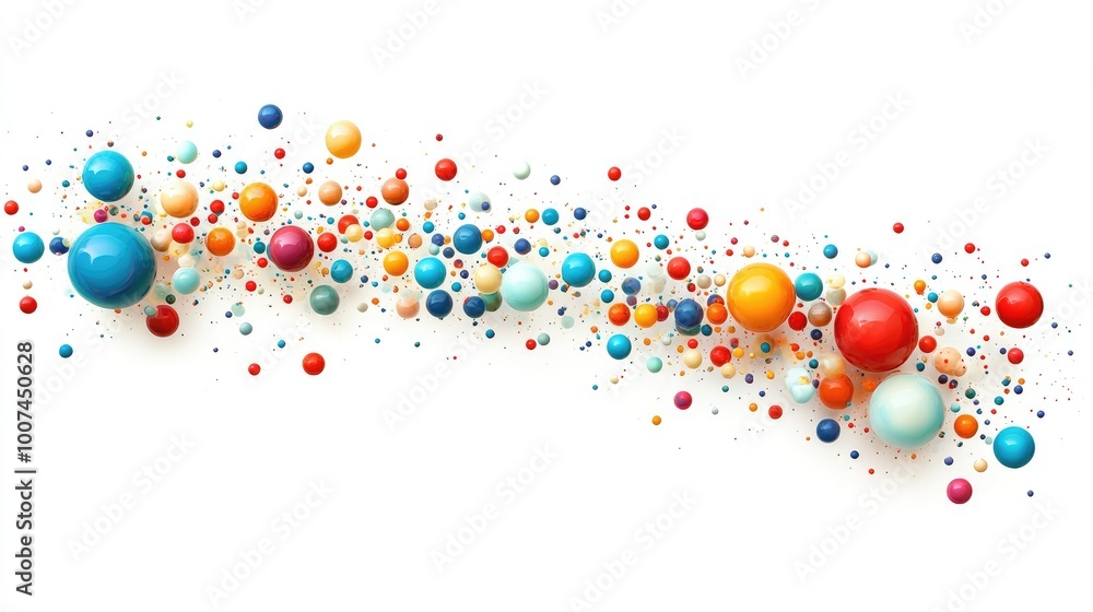 Poster a captivating circle trail of colorful spheres in various sizes, forming a radiant pattern on a clea