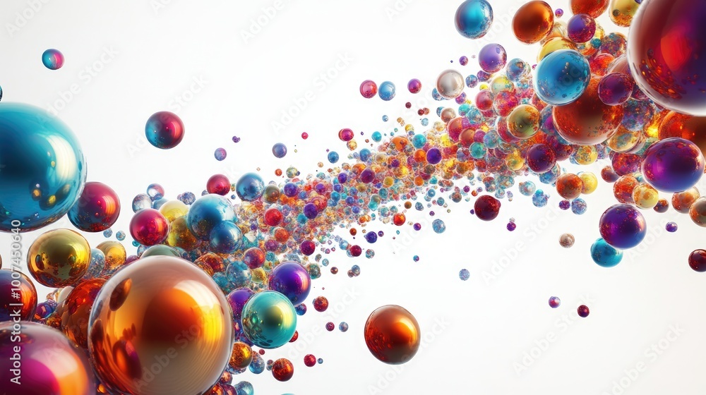 Poster a captivating circle trail of colorful spheres in various sizes, forming a radiant pattern on a clea
