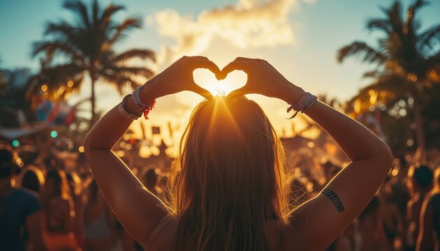 Youth Celebrate Art With Heart-Shaped Gesture At Beachside Music Festival: Crowd Enjoys Live Sunset Performance, Symbol Of Love In Summer Event. - Powered by Adobe