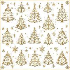 Obraz premium christmas tree seamless pattern, drawing of golden christmas trees on white background, graphic design, illustration, wallpaper, background