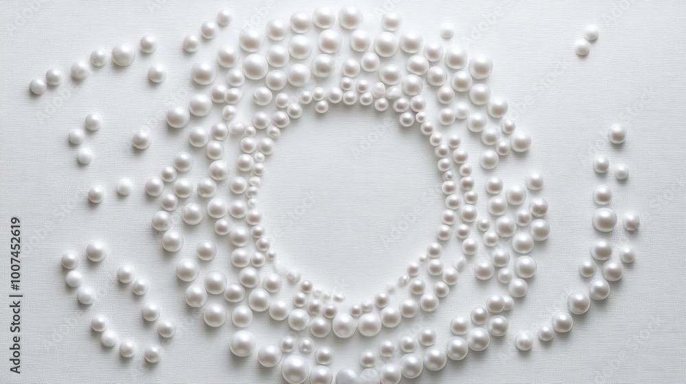 Aufkleber pearls arranged in a captivating circle trail, creating a luxurious pattern on a sleek white backdro