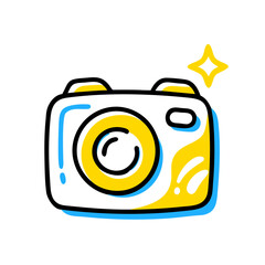 A camera with a yellow and blue design. The camera is on a white background. The camera is a symbol of capturing memories and moments