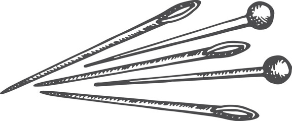 Sewing pins and needles black engraving. Handmade tools