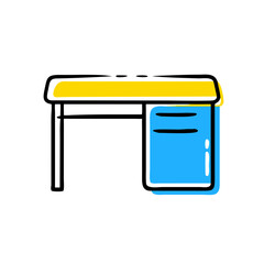 A desk with a blue drawer and yellow top. The desk is drawn in a cartoon style