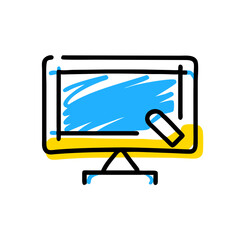 A computer monitor with a blue screen and a yellow border. The blue screen is the main focus of the image, and the yellow border adds a pop of color and contrast