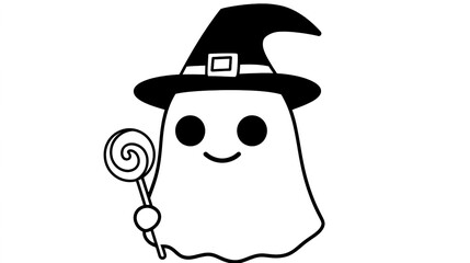 Obraz premium A charming and cute ghost character wearing a whimsical witch's hat adorned with a buckle, joyfully holding a lollipop. With rounded eyes and a smiling mouth, 