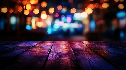 Wooden Surface Illuminated by a Colorful Blur of City Lights at Night