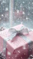Elegant pink gift box with silver ribbon surrounded by snowflakes and pinecones perfect for christmas and new year gifts