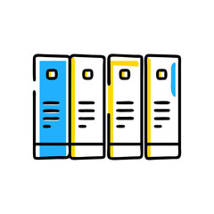 A row of four books with blue and yellow stripes. The books are lined up next to each other