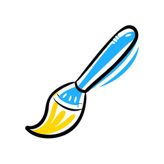 A yellow and blue paintbrush with a blue handle. The brush is used for painting. The brush is in the middle of the image
